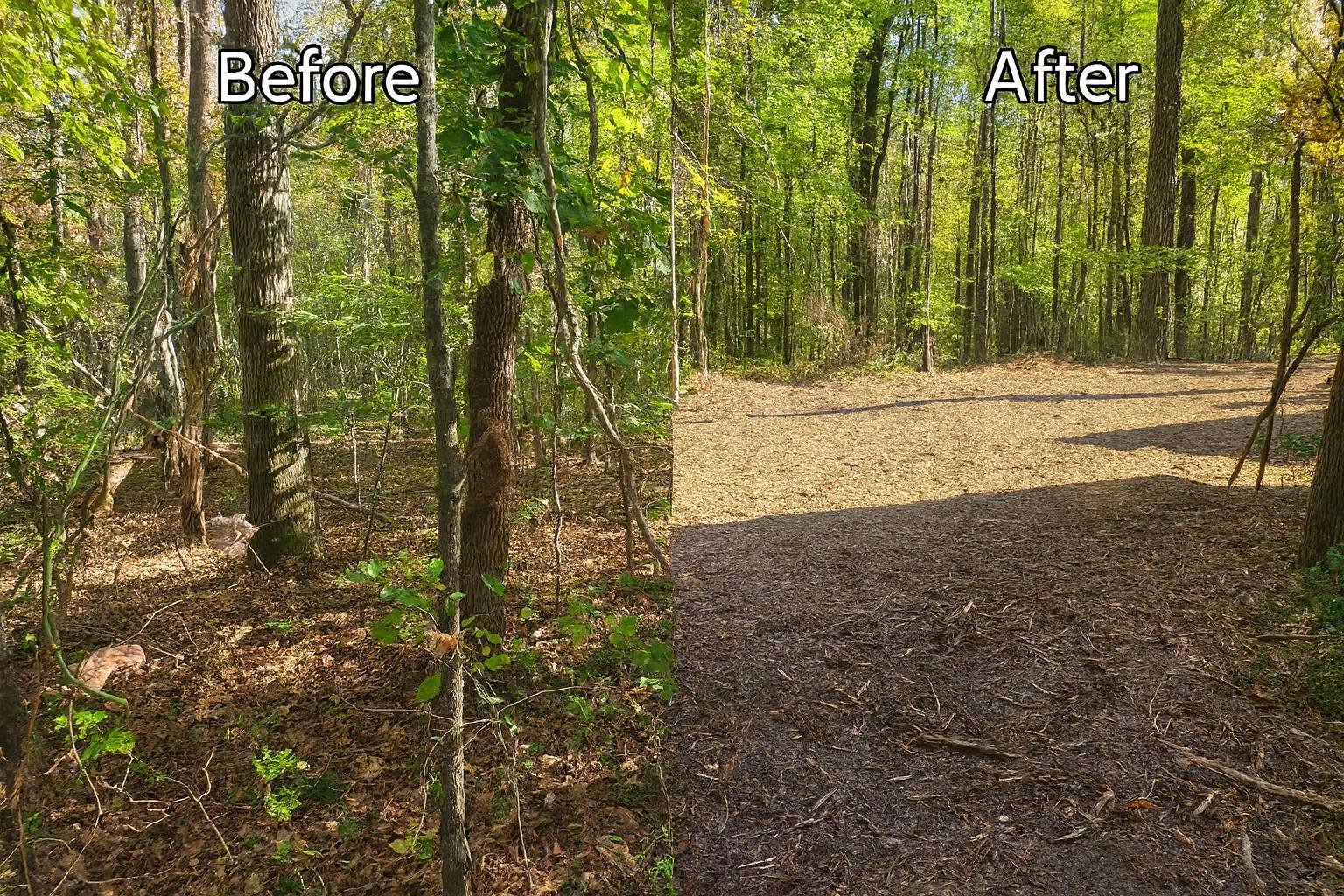Before and after view of dense woodland opened into a wide mulched access trail